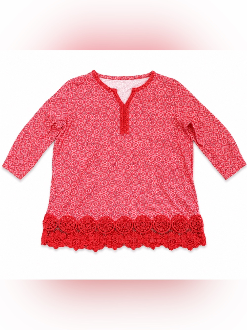 Lands' End Coral Patterned Blouse with Lace Hem